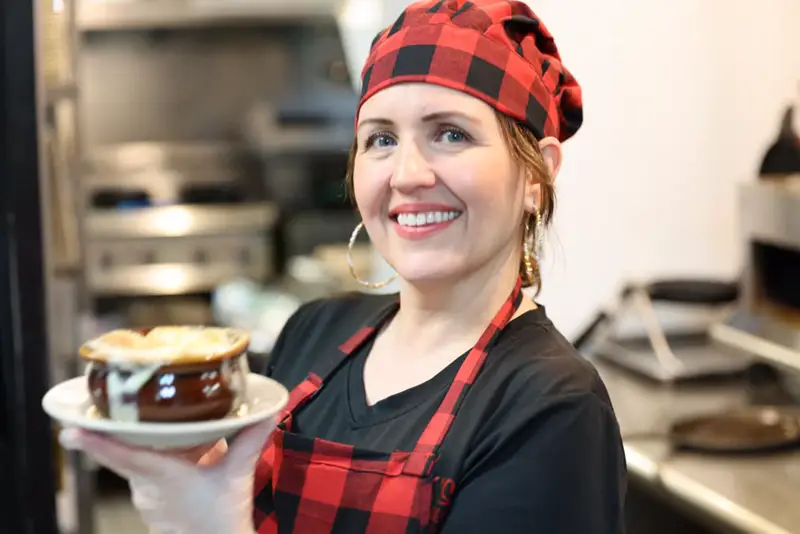 Josefina, co-owner, with our French onion soup